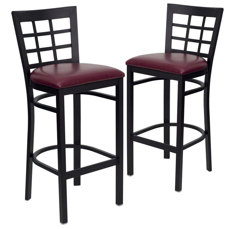 2 Pk. Black Window Back Metal Restaurant Barstool - Burgundy Vinyl Seat