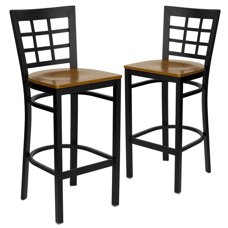 2 Pk. Black Window Back Metal Restaurant Barstool - Cherry Wood Seat