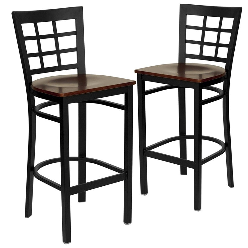 2 Pk. Black Window Back Metal Restaurant Barstool - Mahogany Wood Seat