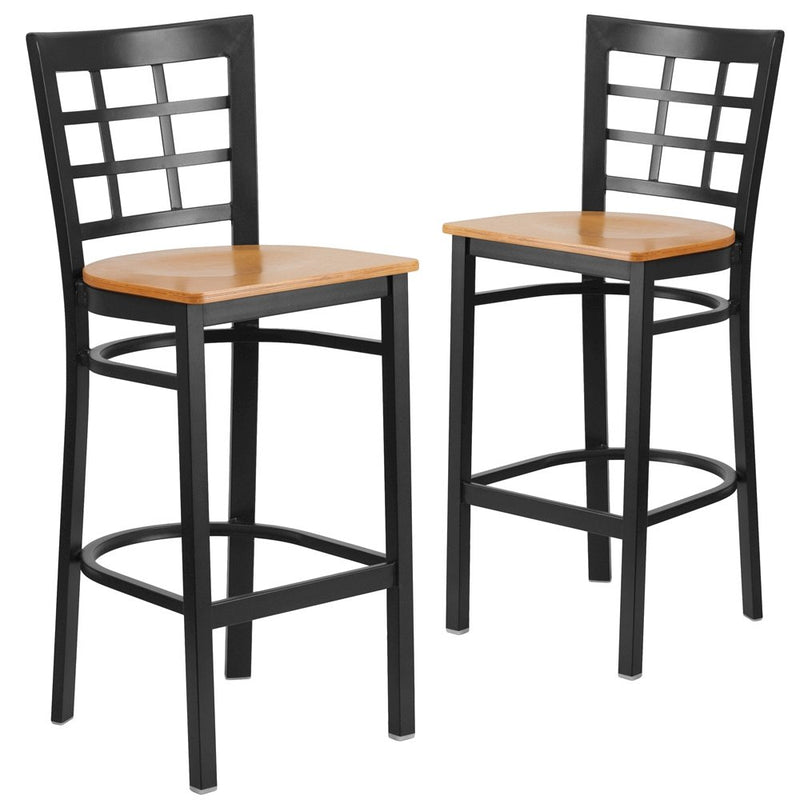 2 Pk. Black Window Back Metal Restaurant Barstool - Natural Wood Seat