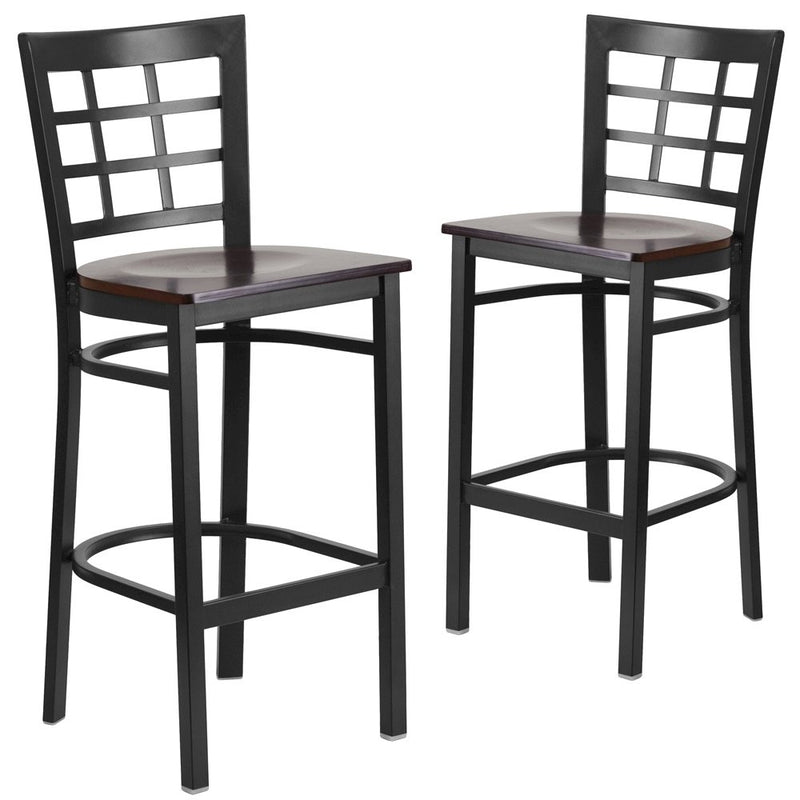 2 Pk. Black Window Back Metal Restaurant Barstool - Walnut Wood Seat