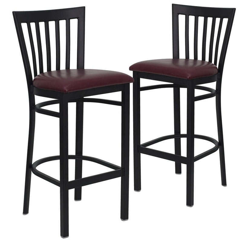 2 Pk. Black School House Back Metal Restaurant Barstool - Burgundy Vinyl Seat