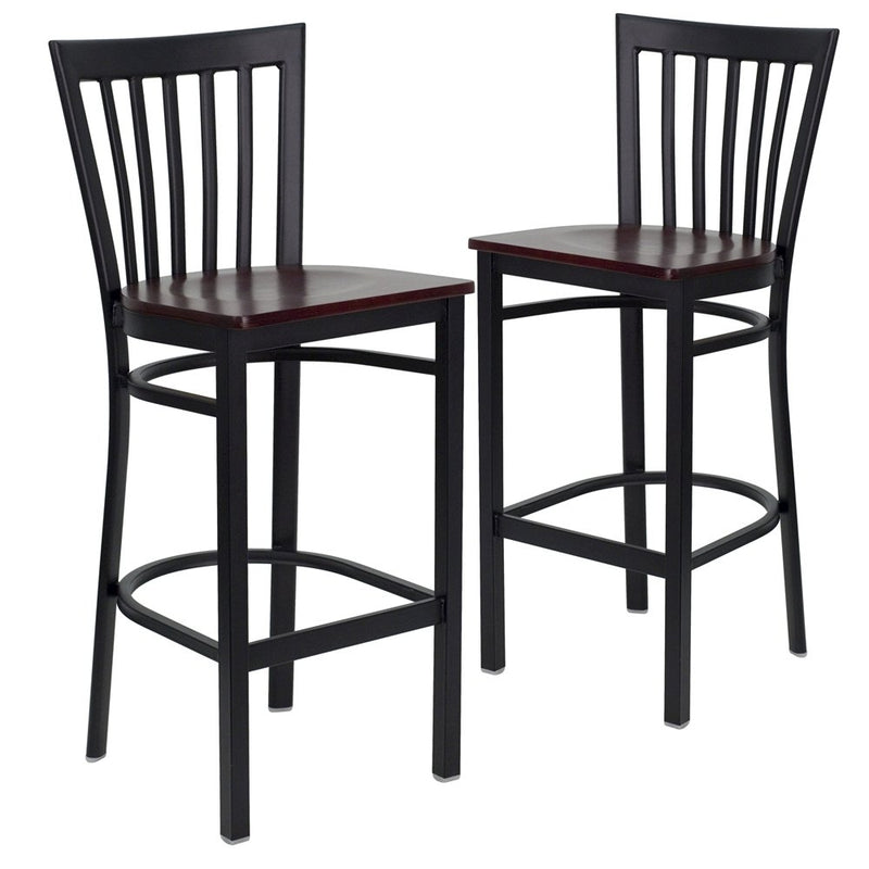 2 Pk. Black School House Back Metal Restaurant Barstool - Mahogany Wood Seat