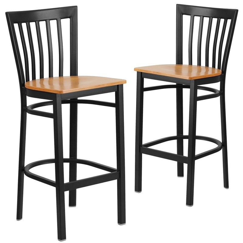 2 Pk. Black School House Back Metal Restaurant Barstool - Natural Wood Seat