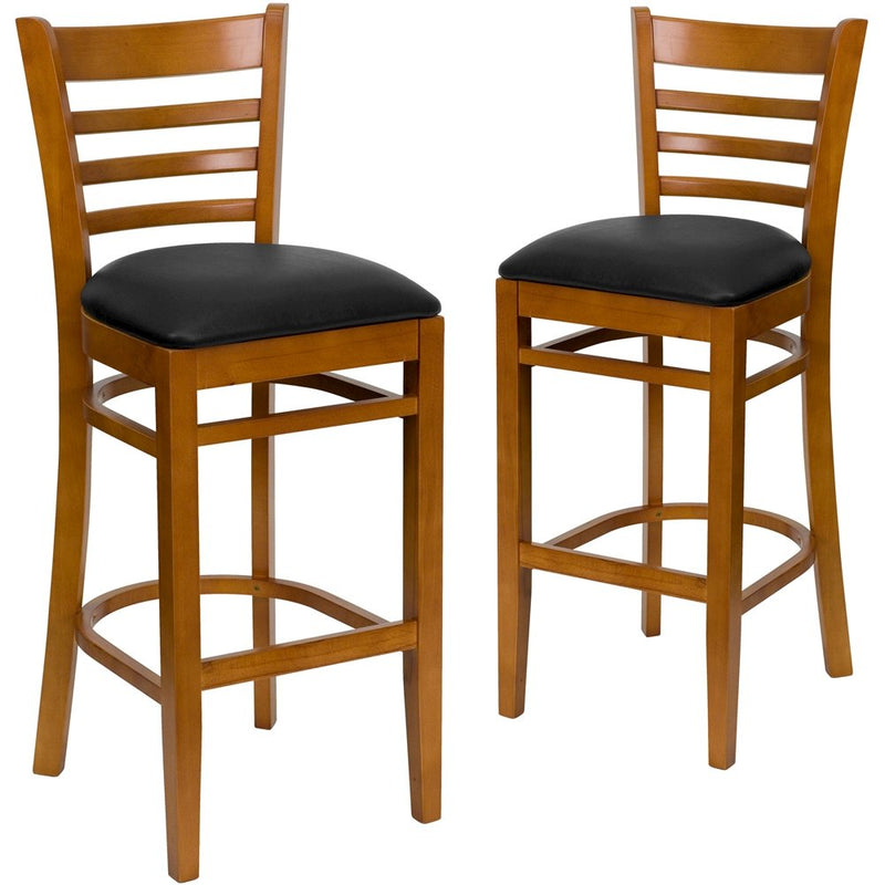 2 Pk. Cherry Finished Ladder Back Wooden Restaurant Barstool - Black Vinyl Seat