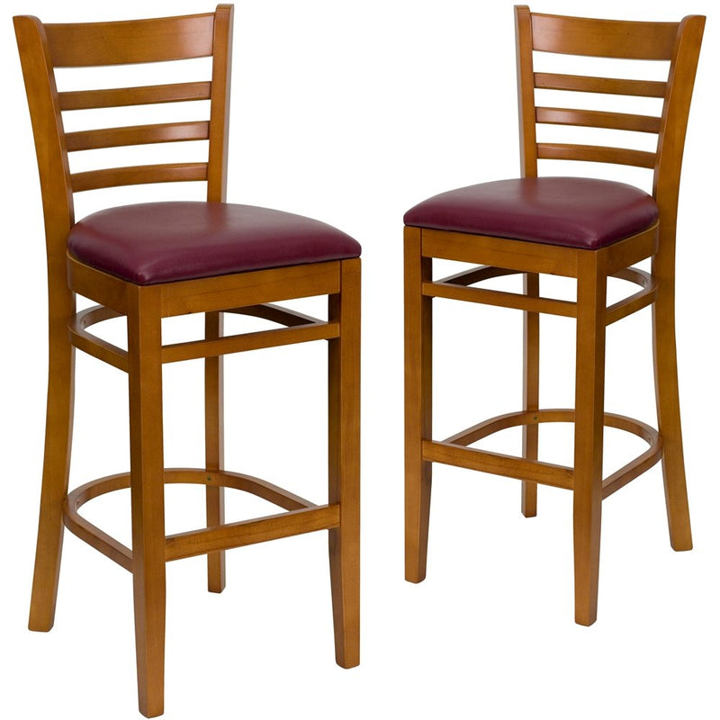 2 Pk. Cherry Finished Ladder Back Wooden Barstool - Burgundy Vinyl Seat