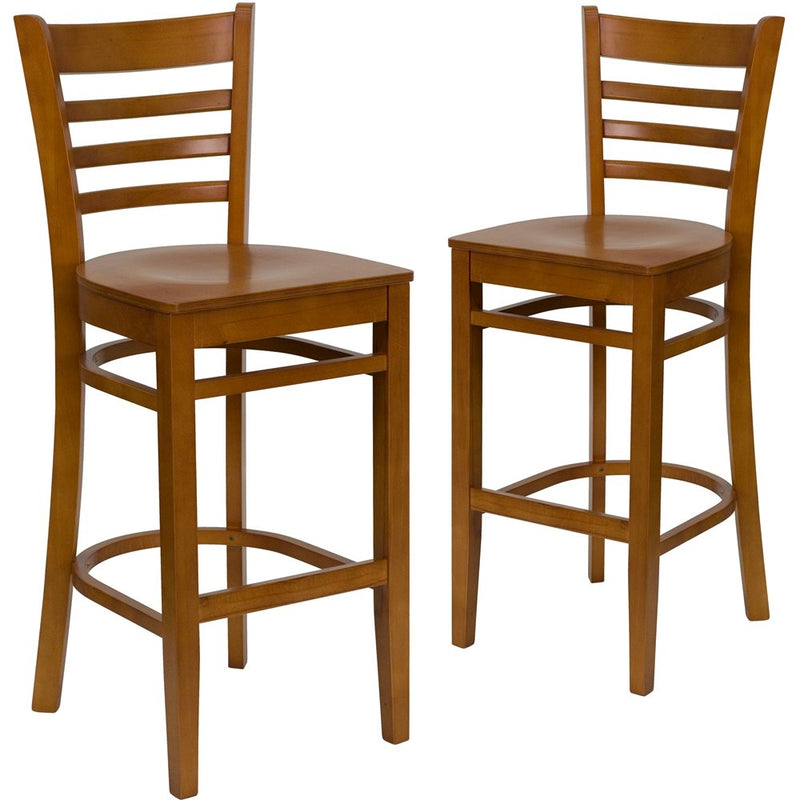 2 Pk. HERCULES Series Cherry Finished Ladder Back Wooden Restaurant Barstool