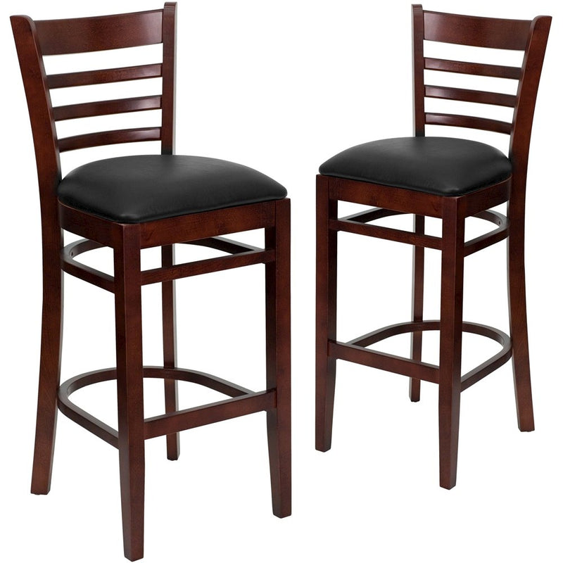 2 Pk. Mahogany Finished Ladder Back Wooden Barstool - Black Vinyl Seat