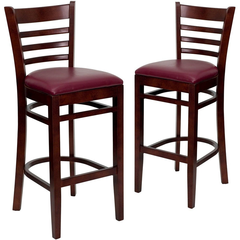 2 Pk. Mahogany Finished Ladder Back Wooden Barstool - Burgundy Vinyl Seat