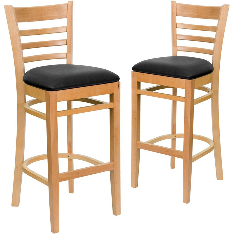 2 Pk. Natural Wood Finished Ladder Back Wooden Barstool - Black Vinyl Seat