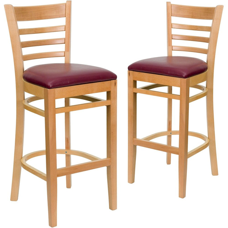 2 Pk. Natural Wood Finished Ladder Back Wooden Barstool - Burgundy Vinyl Seat