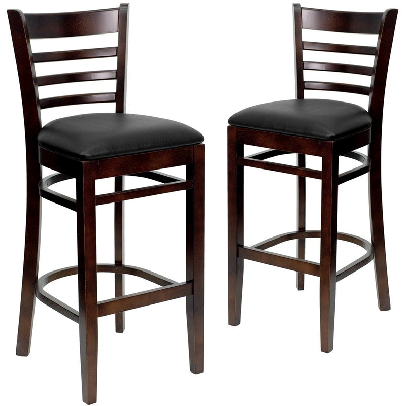 2 Pk. Walnut Finished Ladder Back Wooden Restaurant Barstool - Black Vinyl Seat