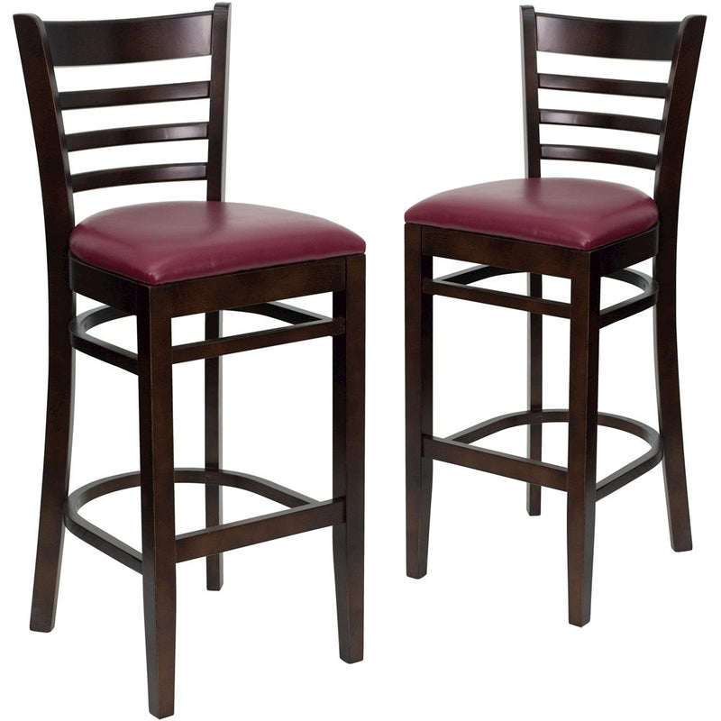 2 Pk. Walnut Finished Ladder Back Wooden Barstool - Burgundy Vinyl Seat