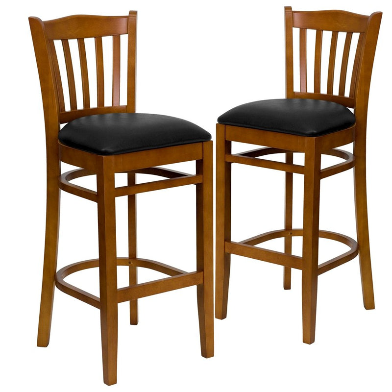 2 Pk. Cherry Finished Vertical Slat Back Wooden Barstool - Black Vinyl Seat