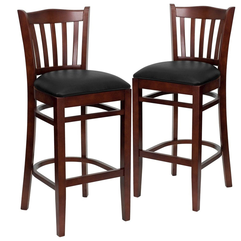 2 Pk. Mahogany Finished Vertical Slat Back Wooden Barstool - Black Vinyl Seat