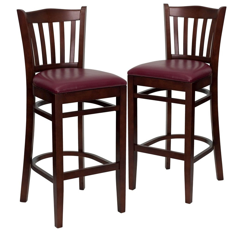 2 Pk. Mahogany Finished Vertical Slat Back Wooden Barstool - Burgundy Vinyl Seat