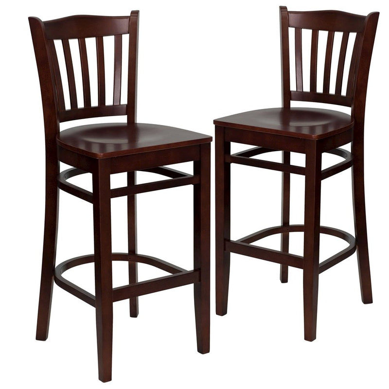 2 Pk. Mahogany Finished Vertical Slat Back Wooden Restaurant Barstool