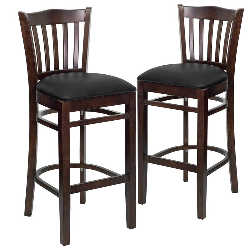 2 Pk. Walnut Finished Vertical Slat Back Wooden Barstool - Black Vinyl Seat