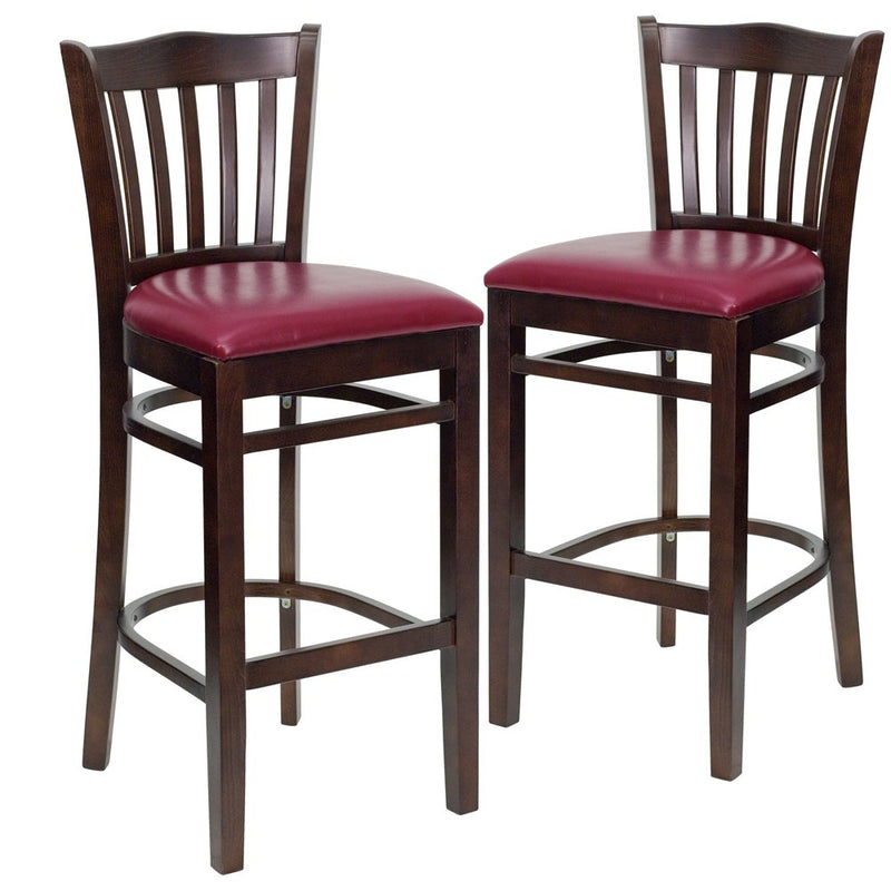 2 Pk. Walnut Finished Vertical Slat Back Wooden Barstool - Burgundy Vinyl Seat