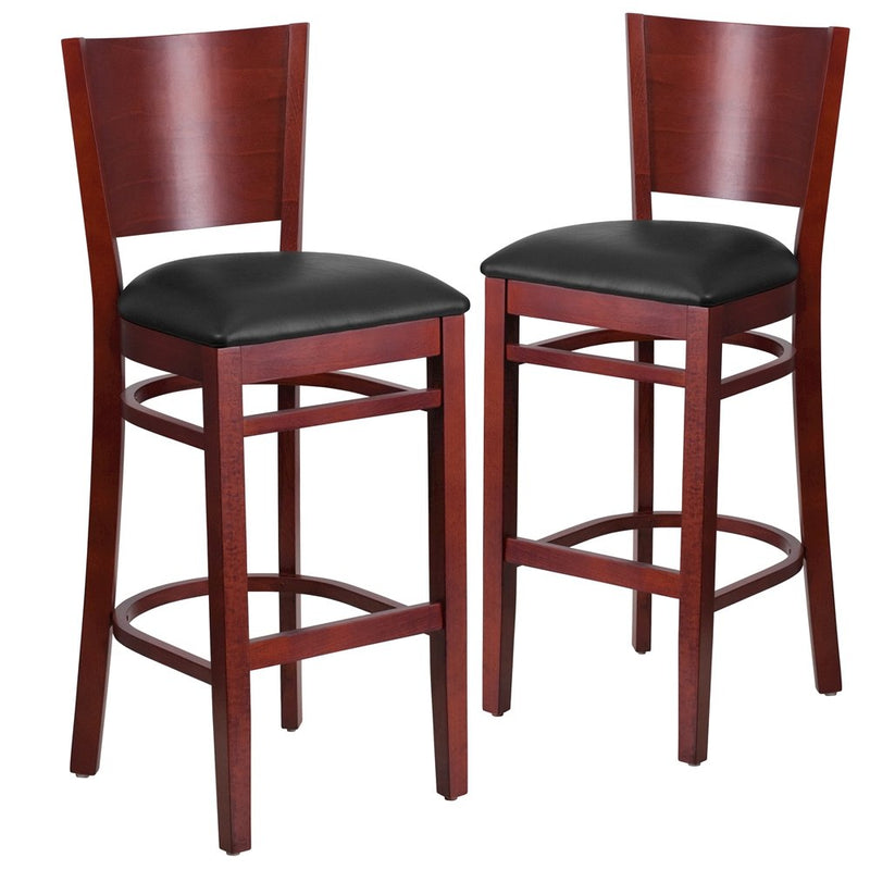 2 Pk. Lacey Series Solid Back Mahogany Wooden Barstool - Black Vinyl Seat