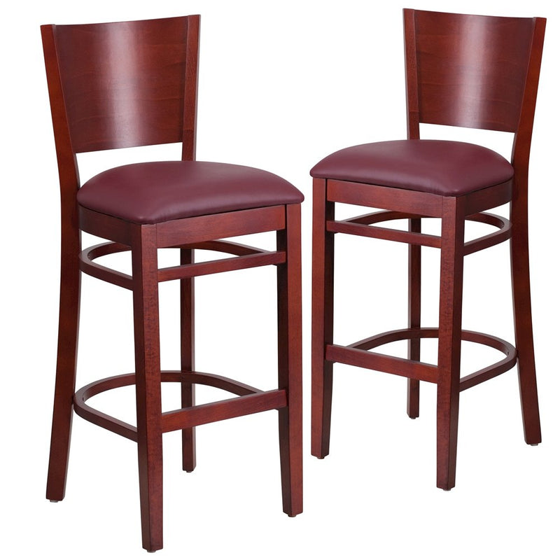 2 Pk. Lacey Series Solid Back Mahogany Wooden Barstool - Burgundy Vinyl Seat