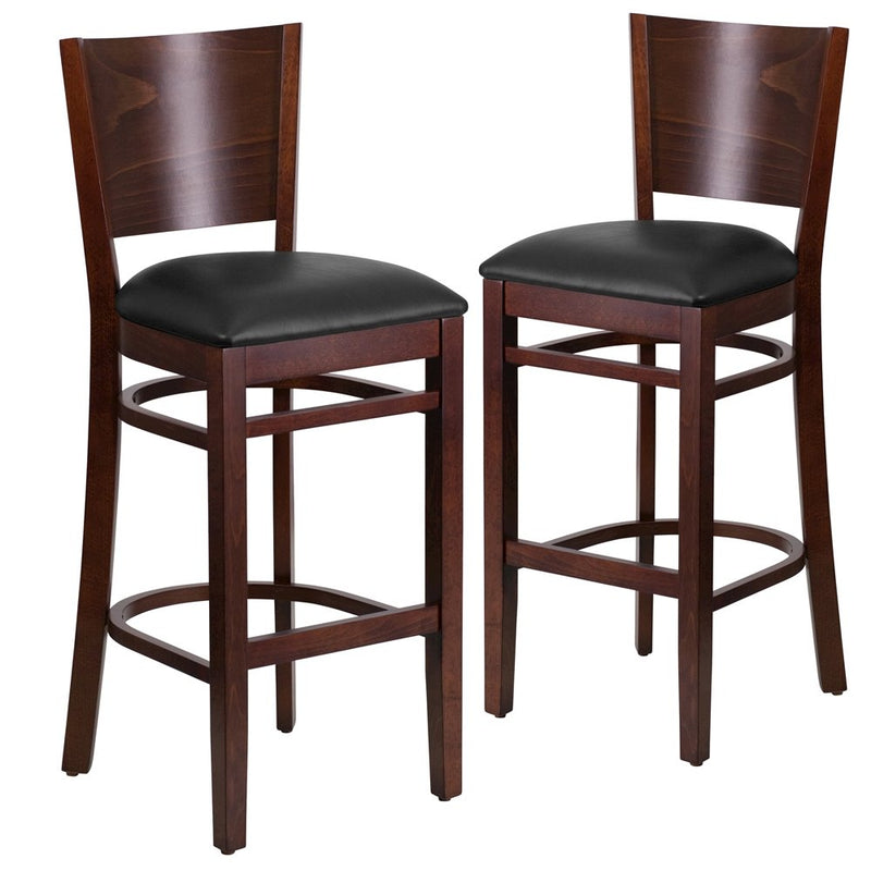 2 Pk. Lacey Series Solid Back Walnut Wooden Barstool - Black Vinyl Seat