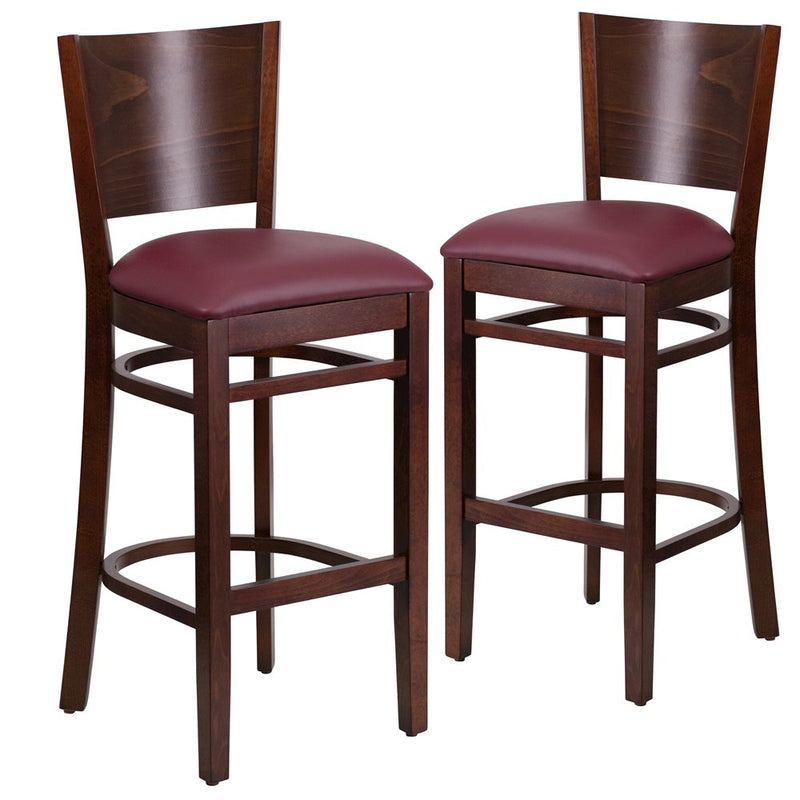 2 Pk. Lacey Series Solid Back Walnut Wooden Barstool - Burgundy Vinyl Seat