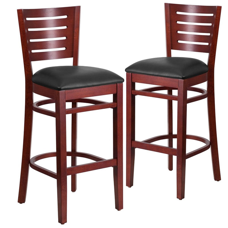 2 Pk. Darby Series Slat Back Mahogany Wooden Barstool - Black Vinyl Seat