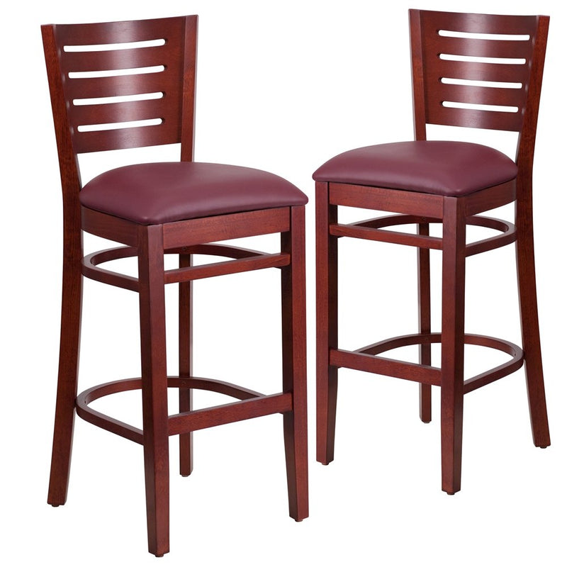 2 Pk. Darby Series Slat Back Mahogany Wooden Barstool - Burgundy Vinyl Seat