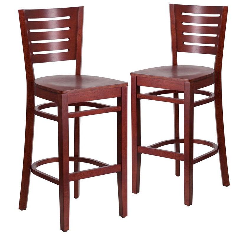 2 Pk. Darby Series Slat Back Mahogany Wooden Restaurant Barstool