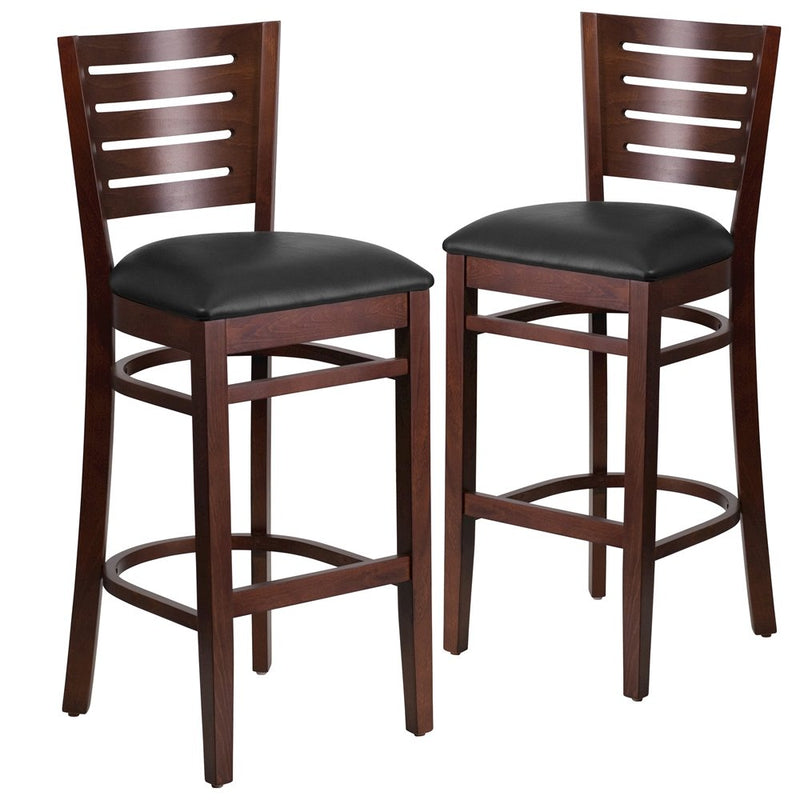 2 Pk. Darby Series Slat Back Walnut Wooden Barstool - Black Vinyl Seat