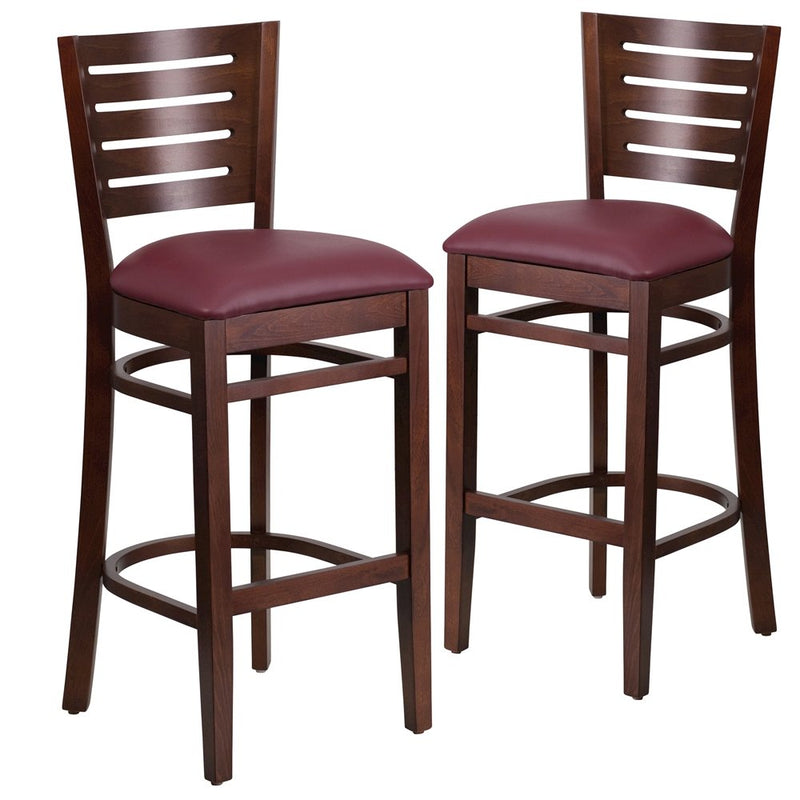 2 Pk. Darby Series Slat Back Walnut Wooden Barstool - Burgundy Vinyl Seat