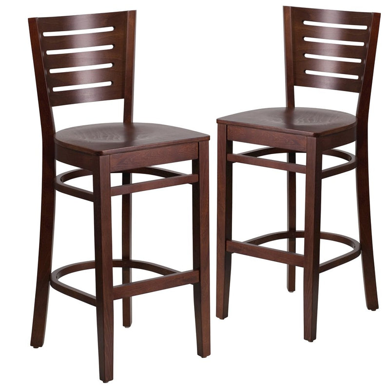 2 Pk. Darby Series Slat Back Walnut Wooden Restaurant Barstool