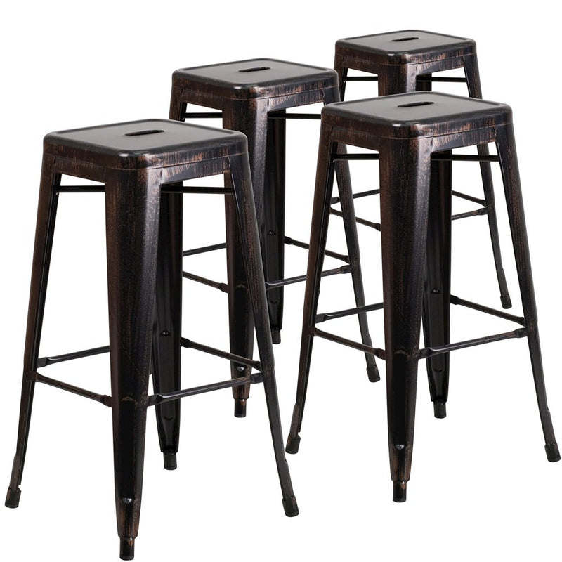 4 Pk. 30'' High Backless Black-Antique Gold Metal Indoor-Outdoor Barstool