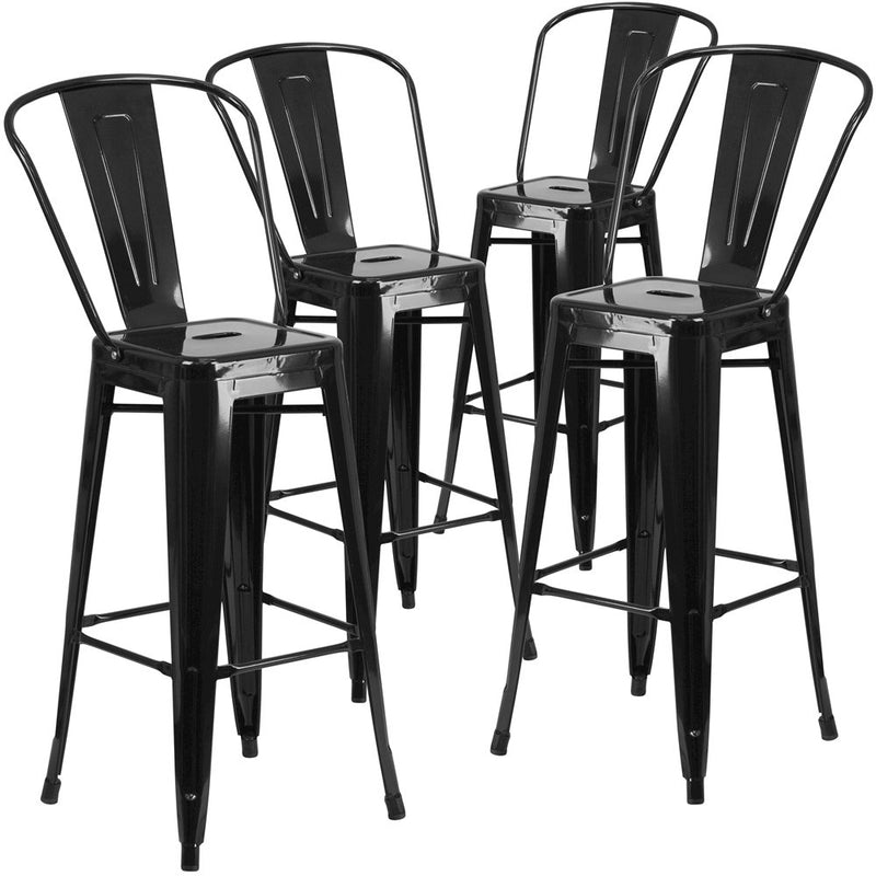 4 Pk. 30'' High Black Metal Indoor-Outdoor Barstool with Back