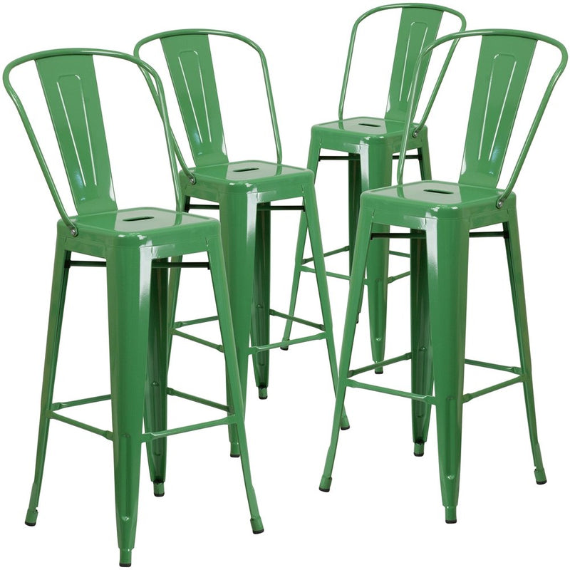 4 Pk. 30'' High Green Metal Indoor-Outdoor Barstool with Back