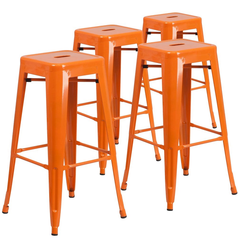 4 Pk. 30'' High Backless Orange Metal Indoor-Outdoor Barstool with Square Seat