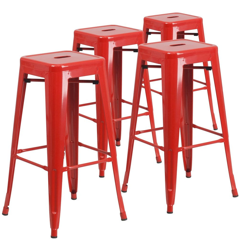 4 Pk. 30'' High Backless Red Metal Indoor-Outdoor Barstool with Square Seat