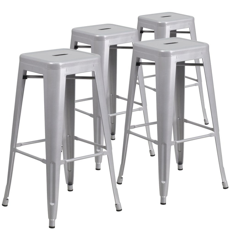 4 Pk. 30'' High Backless Silver Metal Indoor-Outdoor Barstool with Square Seat