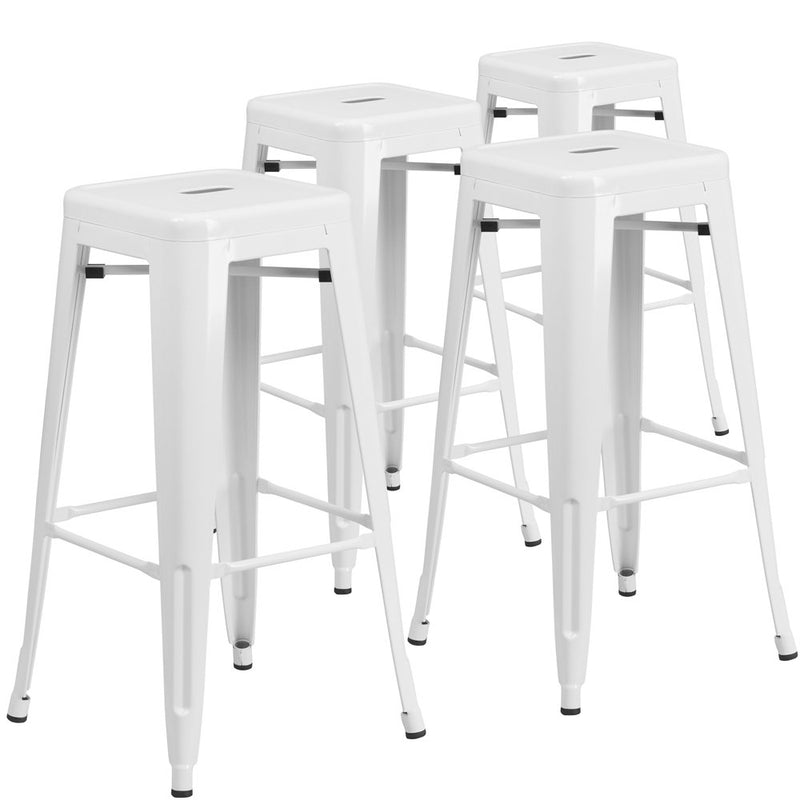 4 Pk. 30'' High Backless White Metal Indoor-Outdoor Barstool with Square Seat