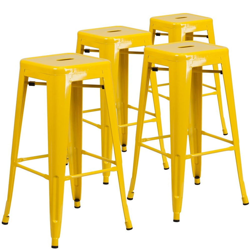 4 Pk. 30'' High Backless Yellow Metal Indoor-Outdoor Barstool with Square Seat