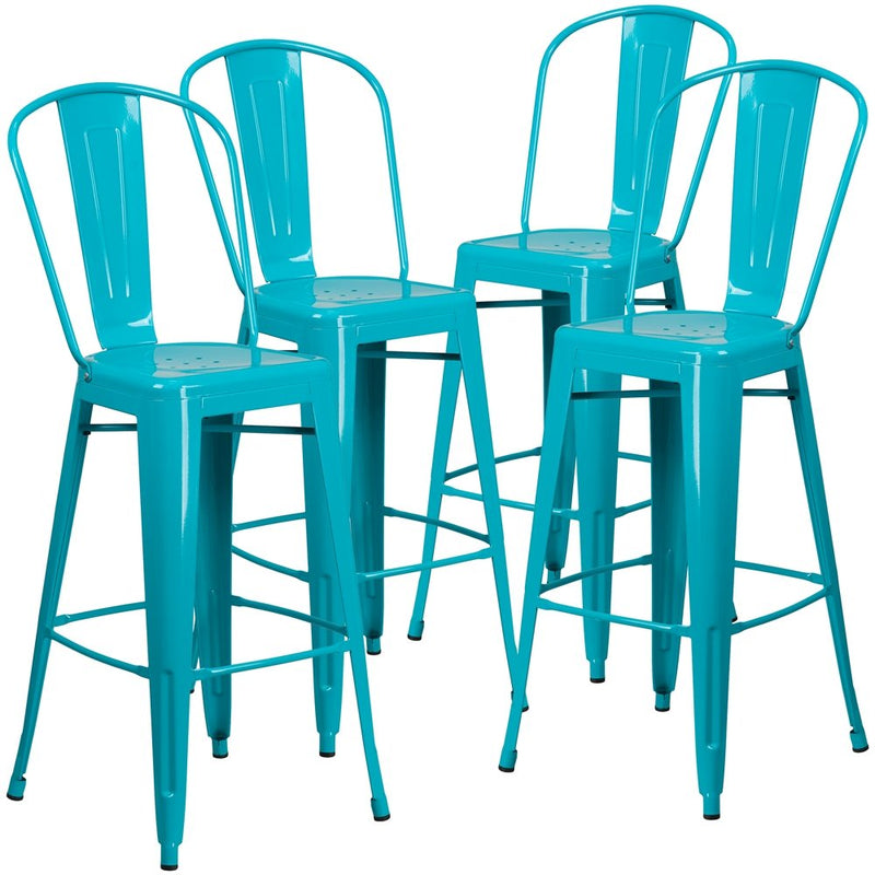 4 Pk. 30'' High Crystal Blue Metal Indoor-Outdoor Barstool with Back