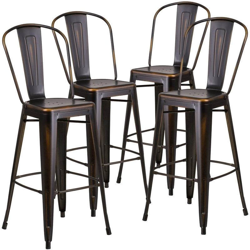 4 Pk. 30'' High Distressed Copper Metal Indoor Barstool with Back