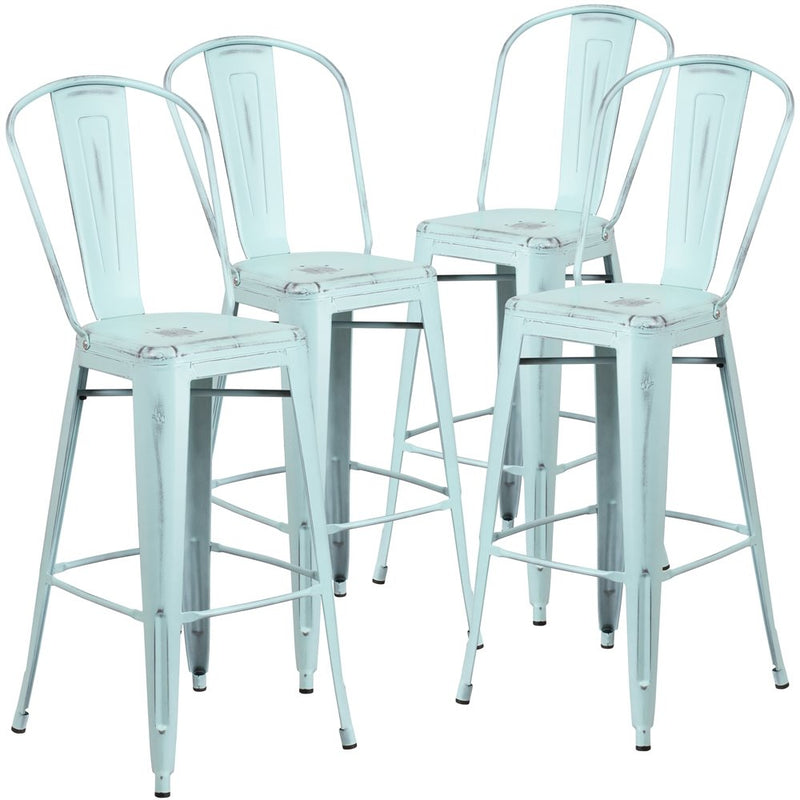 4 Pk. 30'' High Distressed Dream Blue Metal Indoor Barstool with Back