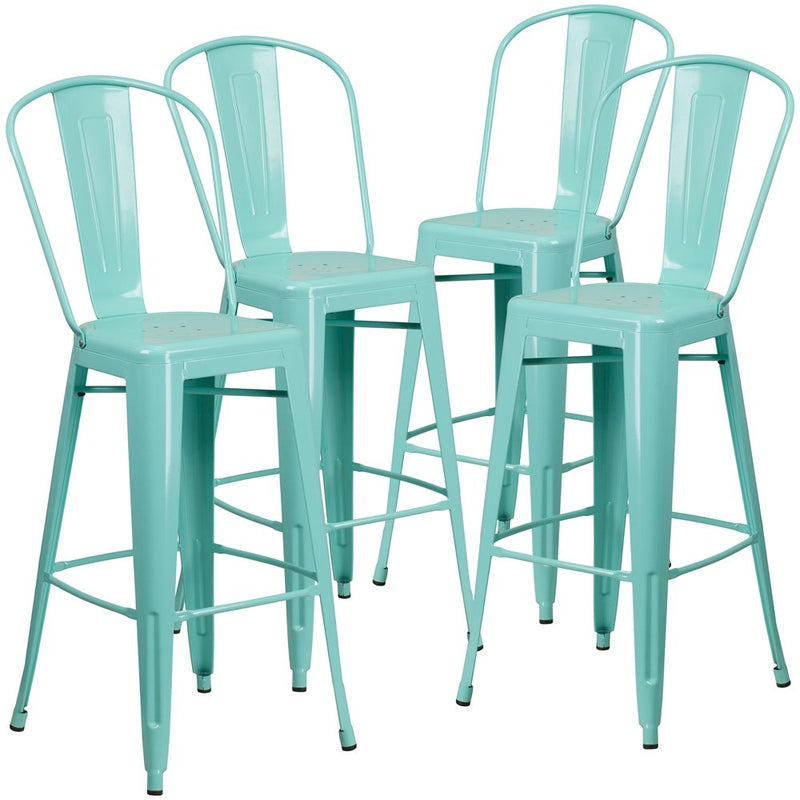 4 Pk. 30'' High Mint Green Metal Indoor-Outdoor Barstool with Back