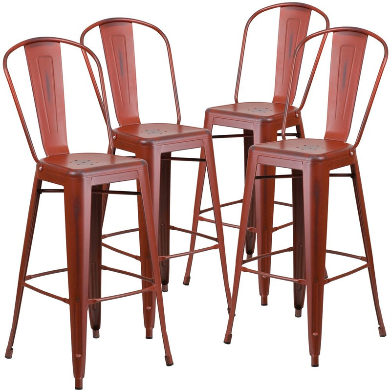 4 Pk. 30'' High Distressed Kelly Red Metal Indoor Barstool with Back