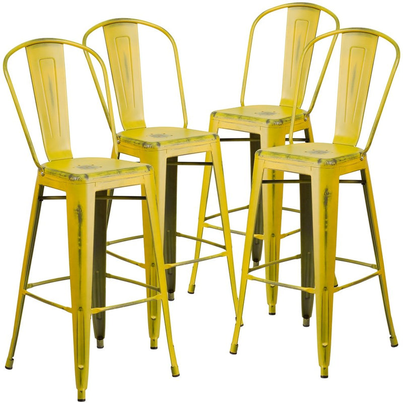 4 Pk. 30'' High Distressed Yellow Metal Indoor Barstool with Back