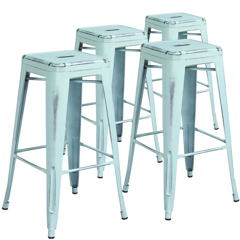 4 Pk. 30'' High Backless Distressed Dream Blue Metal Indoor Barstool