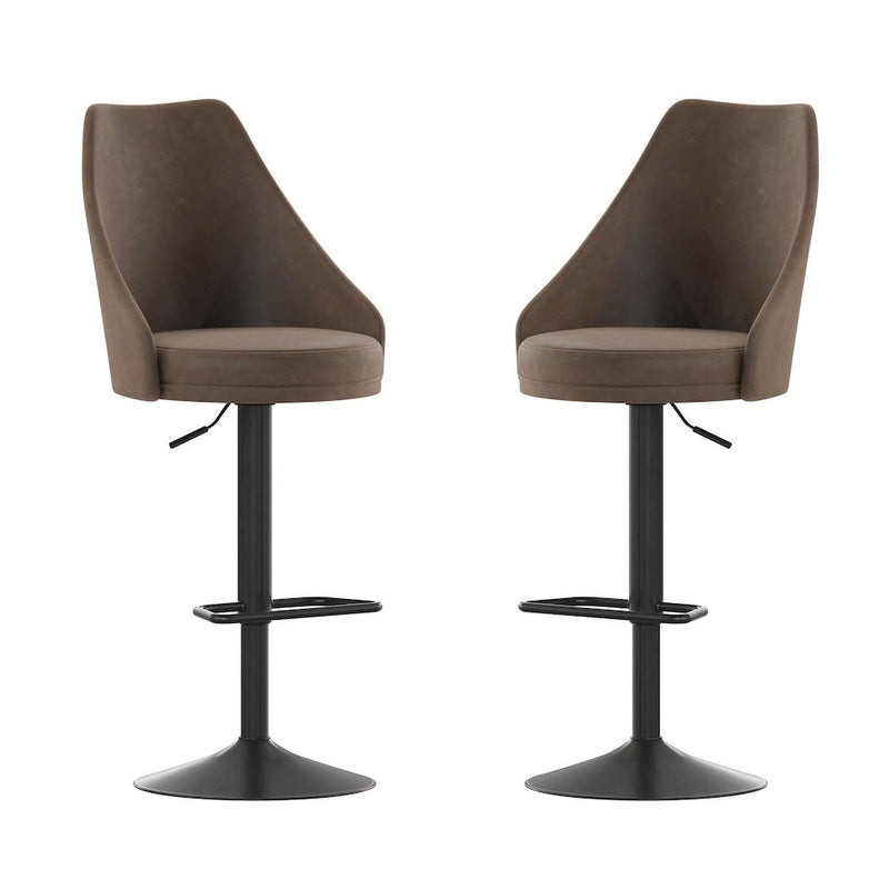 Set of 2 Barstools with Upholstered Tufted Seats and Pedestal Base, Brown