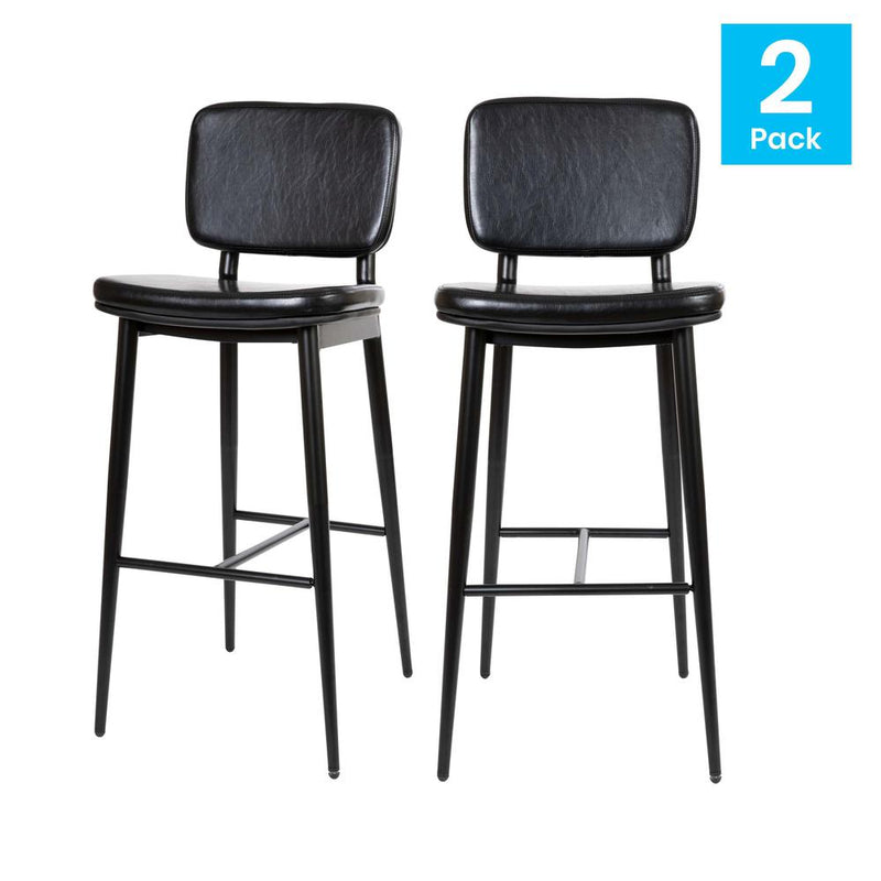 Mid-Back Barstools - Black Upholstery - Black Iron Frame - Set of 2